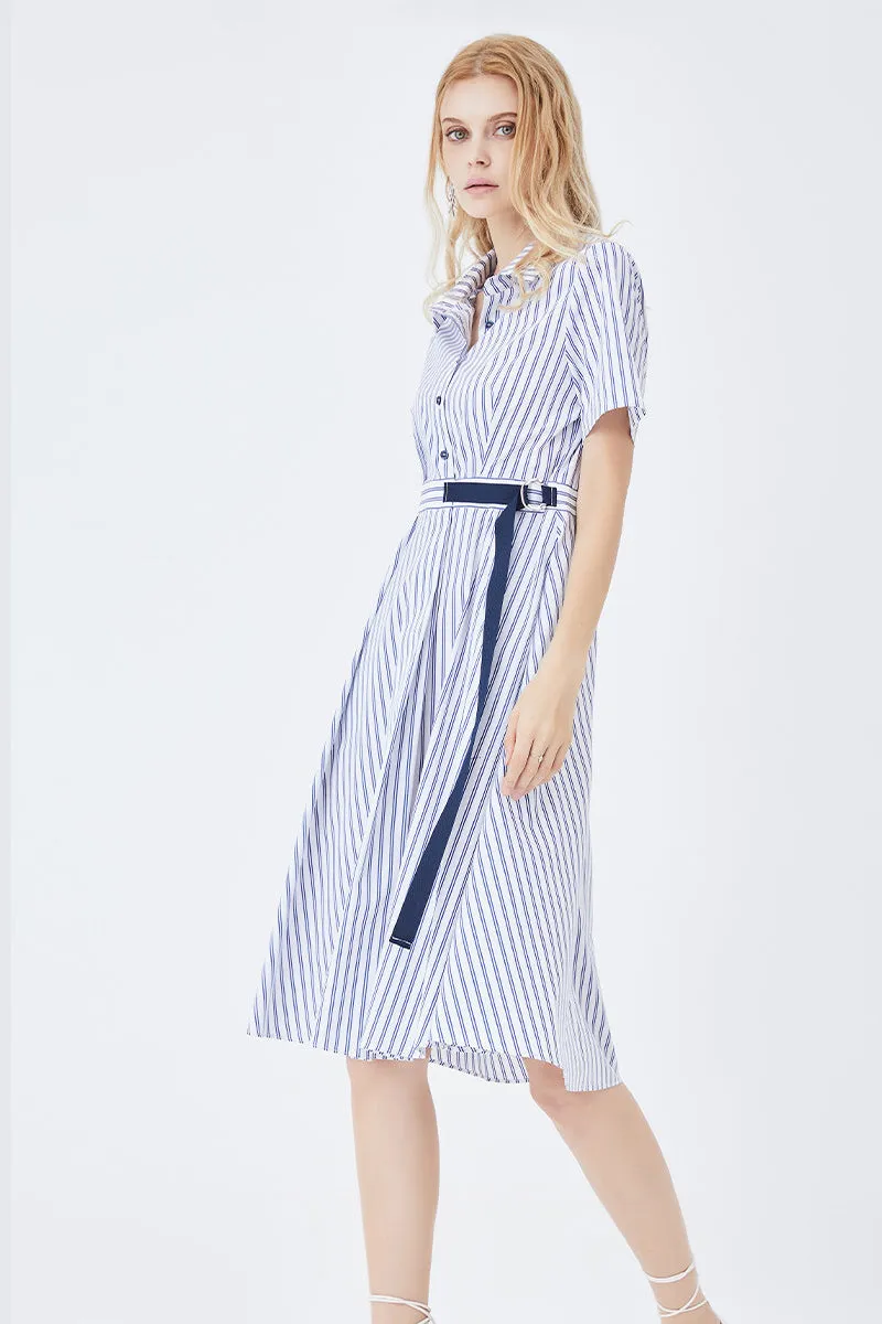 Mid-Length Striped Fitted Shirt Dress