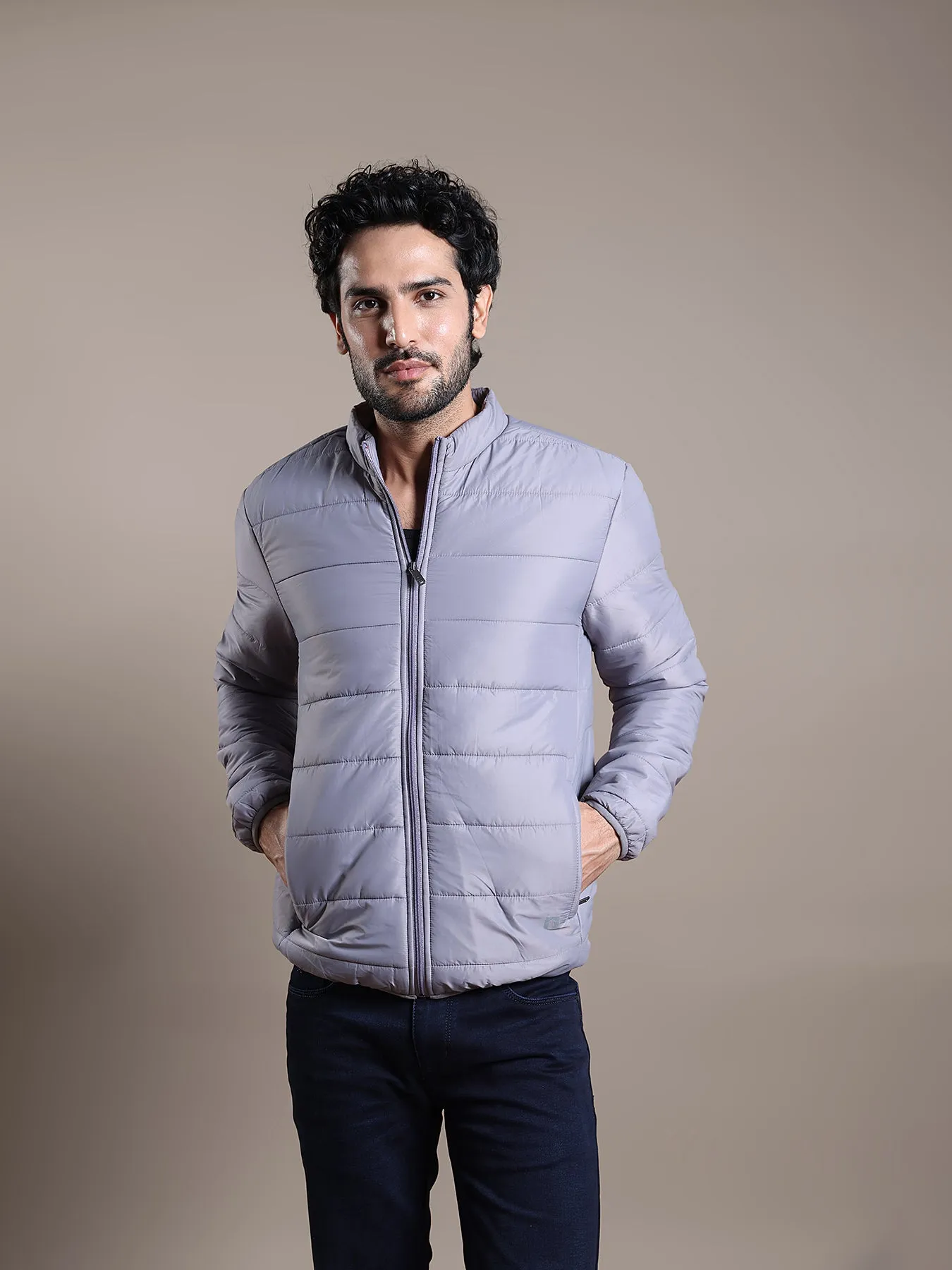 Nylon Light Grey Plain Regular Fit Full Sleeve Casual Windcheater