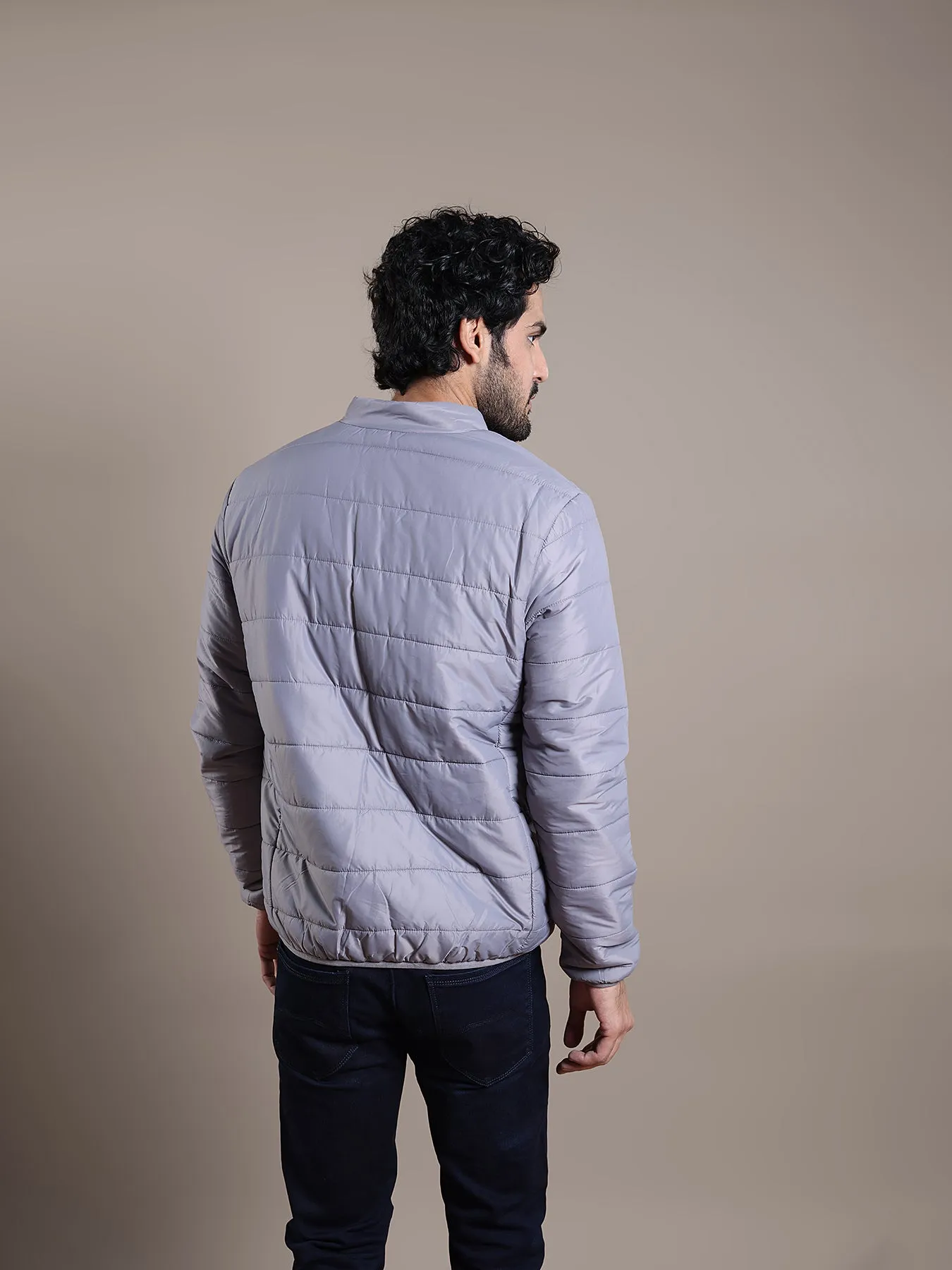 Nylon Light Grey Plain Regular Fit Full Sleeve Casual Windcheater