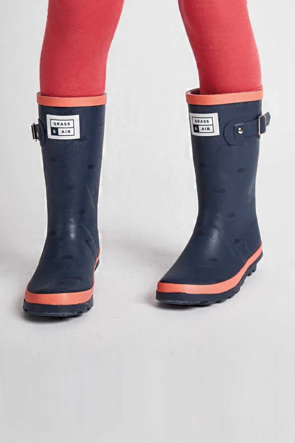 Older Kids Navy & Coral Wellies