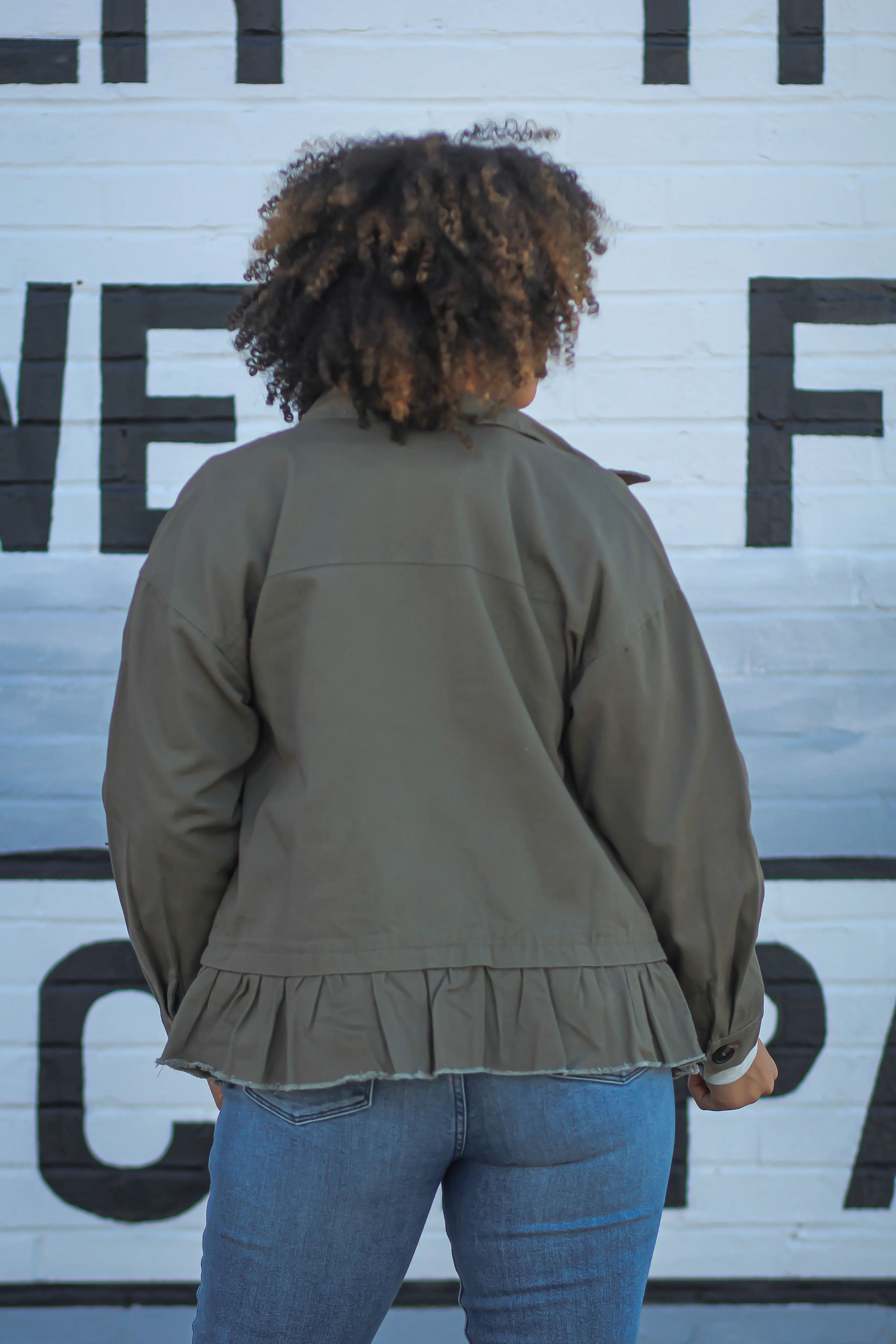 Olive Front Pocket Ruffle Hem Jacket