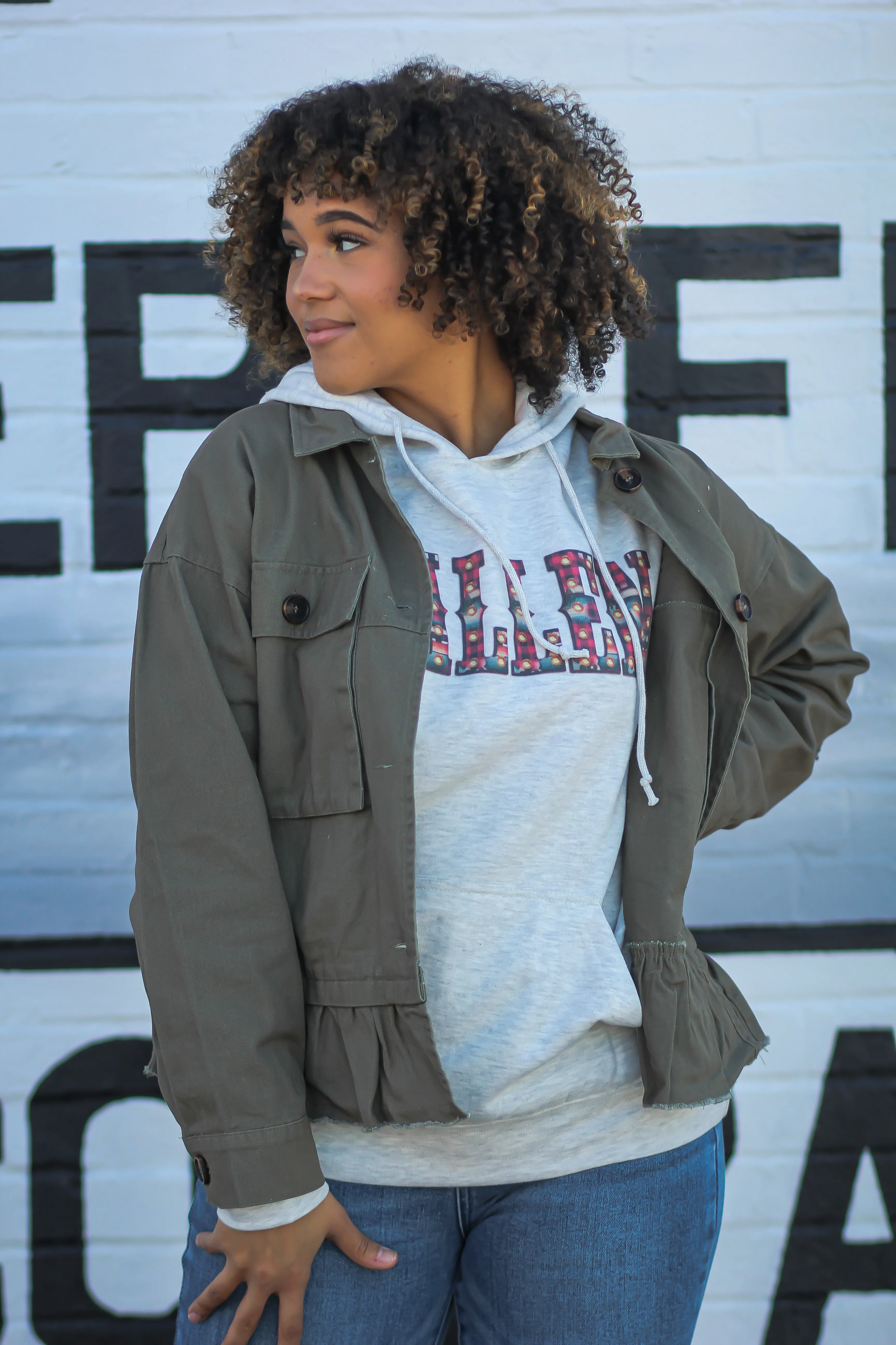 Olive Front Pocket Ruffle Hem Jacket