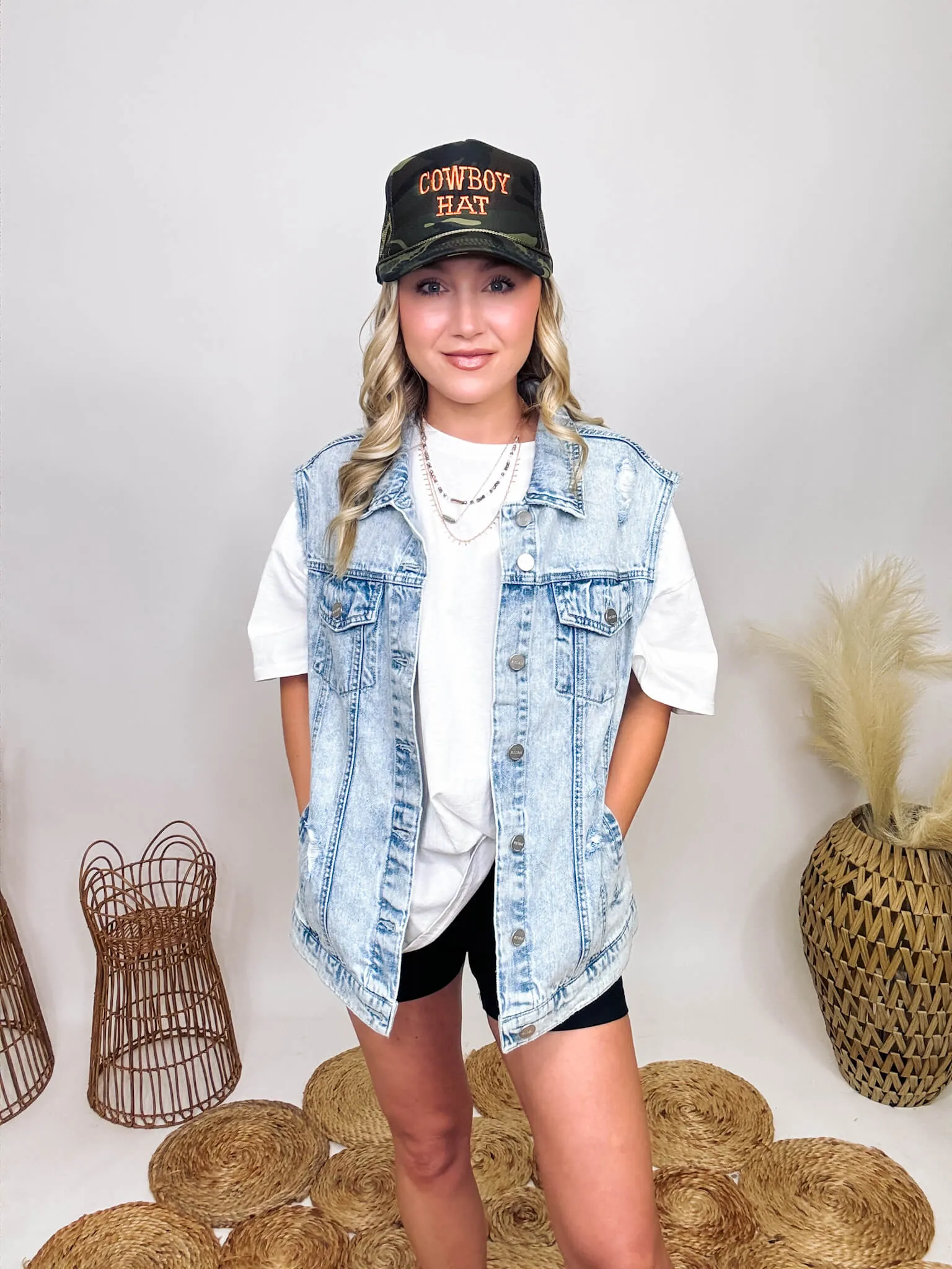 Oversized Acid Washed Distressed Denim Vest