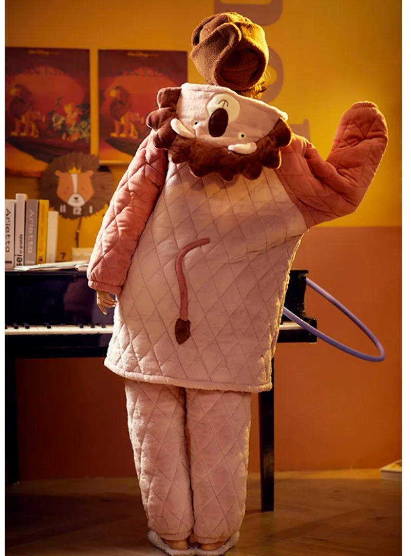 PINK LION THREE-LAYER THICKENED WARM CORAL FLEECE TWO-PIECE SUIT