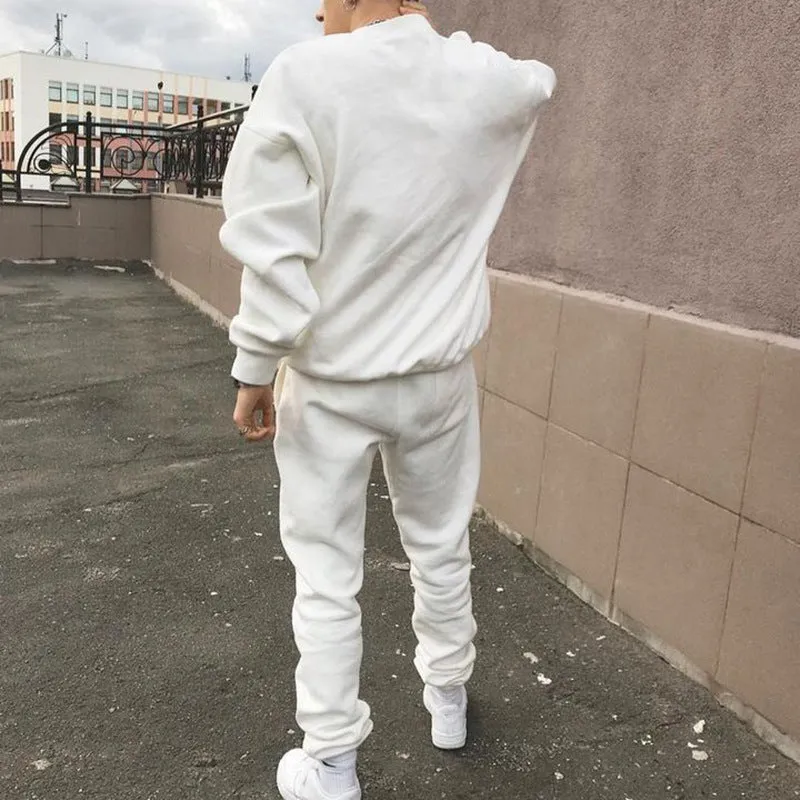 Pure color loose trendy round neck sweater casual trousers suit
