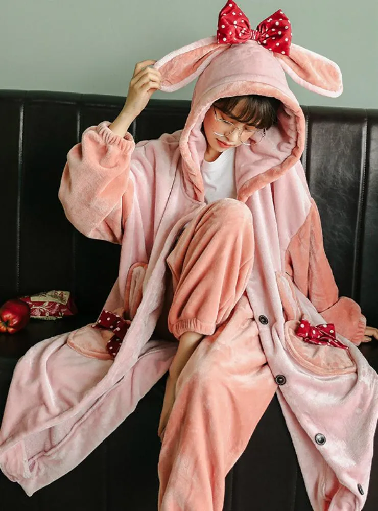 PURPLE RABBIT BOW THICKENED CASHMERE LONG TWO-PIECE ROBE