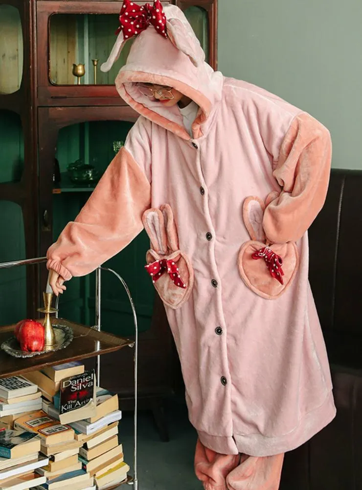 PURPLE RABBIT BOW THICKENED CASHMERE LONG TWO-PIECE ROBE
