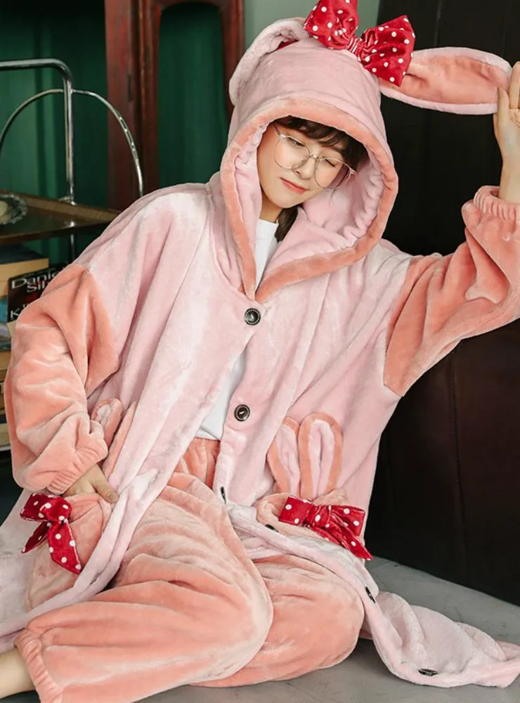 PURPLE RABBIT BOW THICKENED CASHMERE LONG TWO-PIECE ROBE