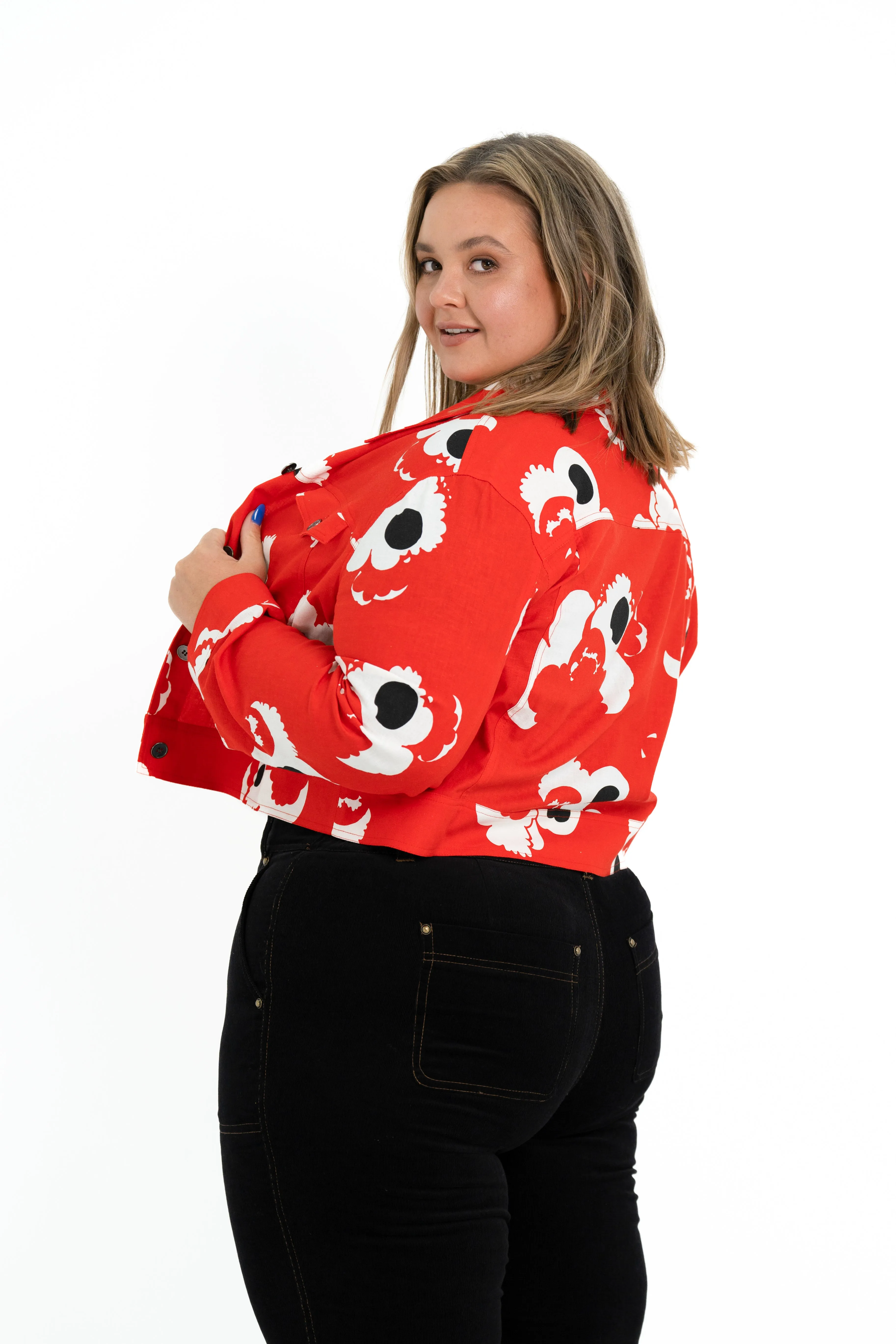 'REBEL' Stretch Linen Plus Size Jacket - Abstract Rose