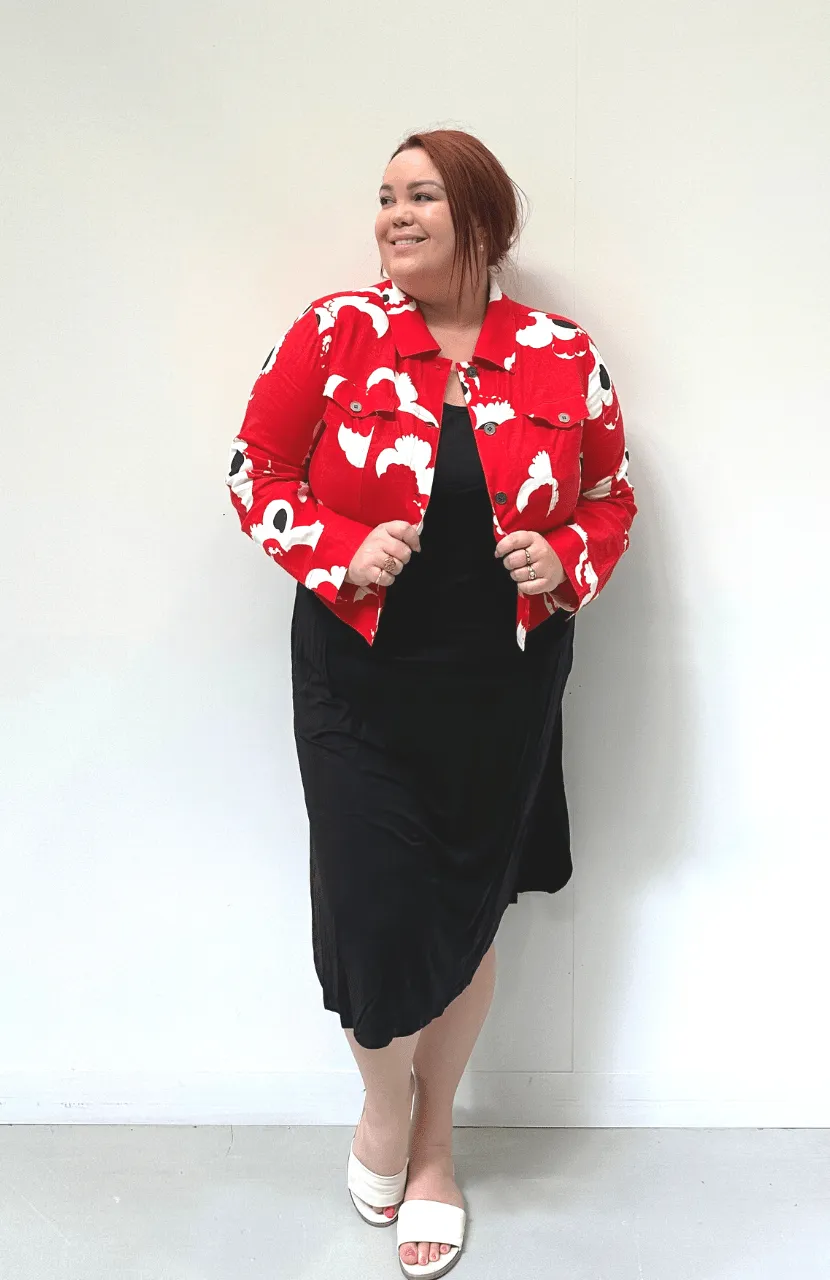 'REBEL' Stretch Linen Plus Size Jacket - Abstract Rose