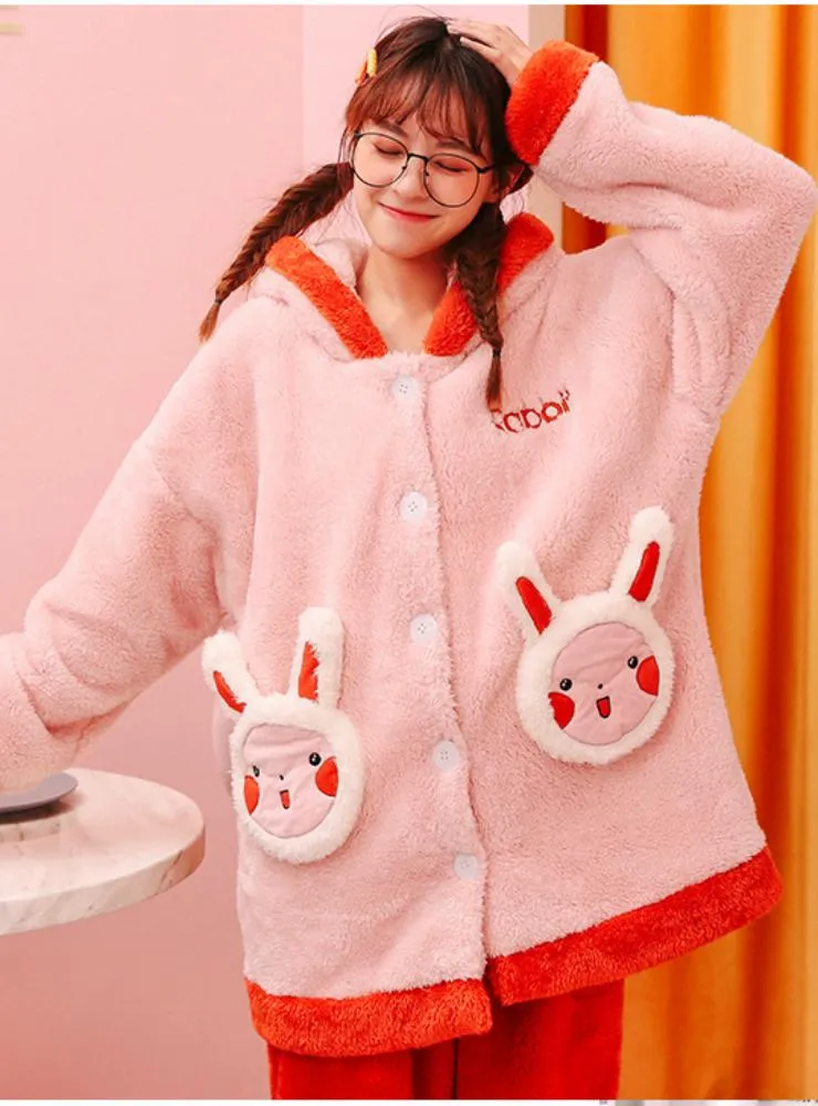 ROUND FACE RABBIT THICKENED FLANNEL HOUSEHOLD CLOTHES HOODED