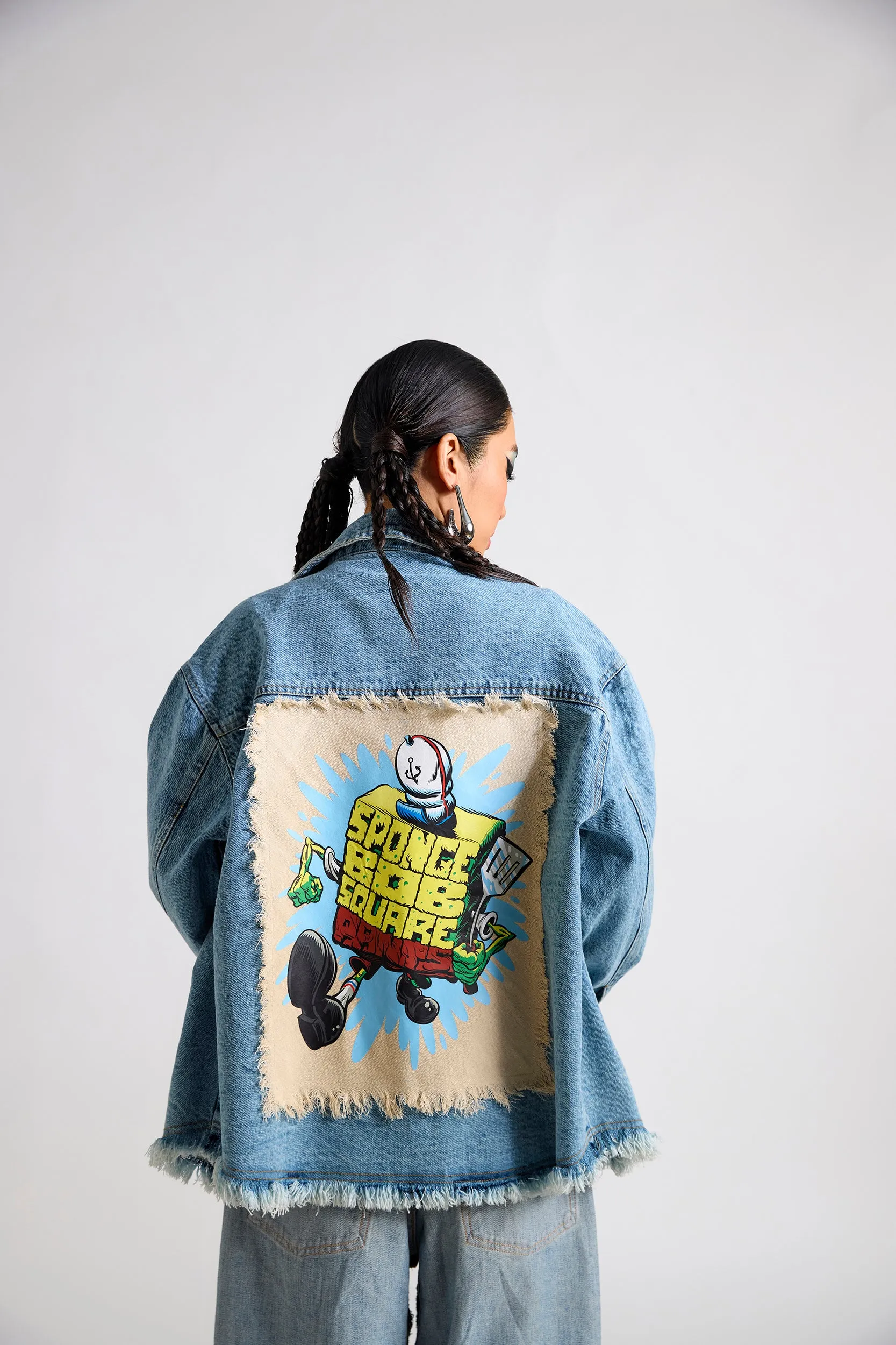 Spongebob: Sponge Script Frycook Printed Canvas Oversized Denim Jacket