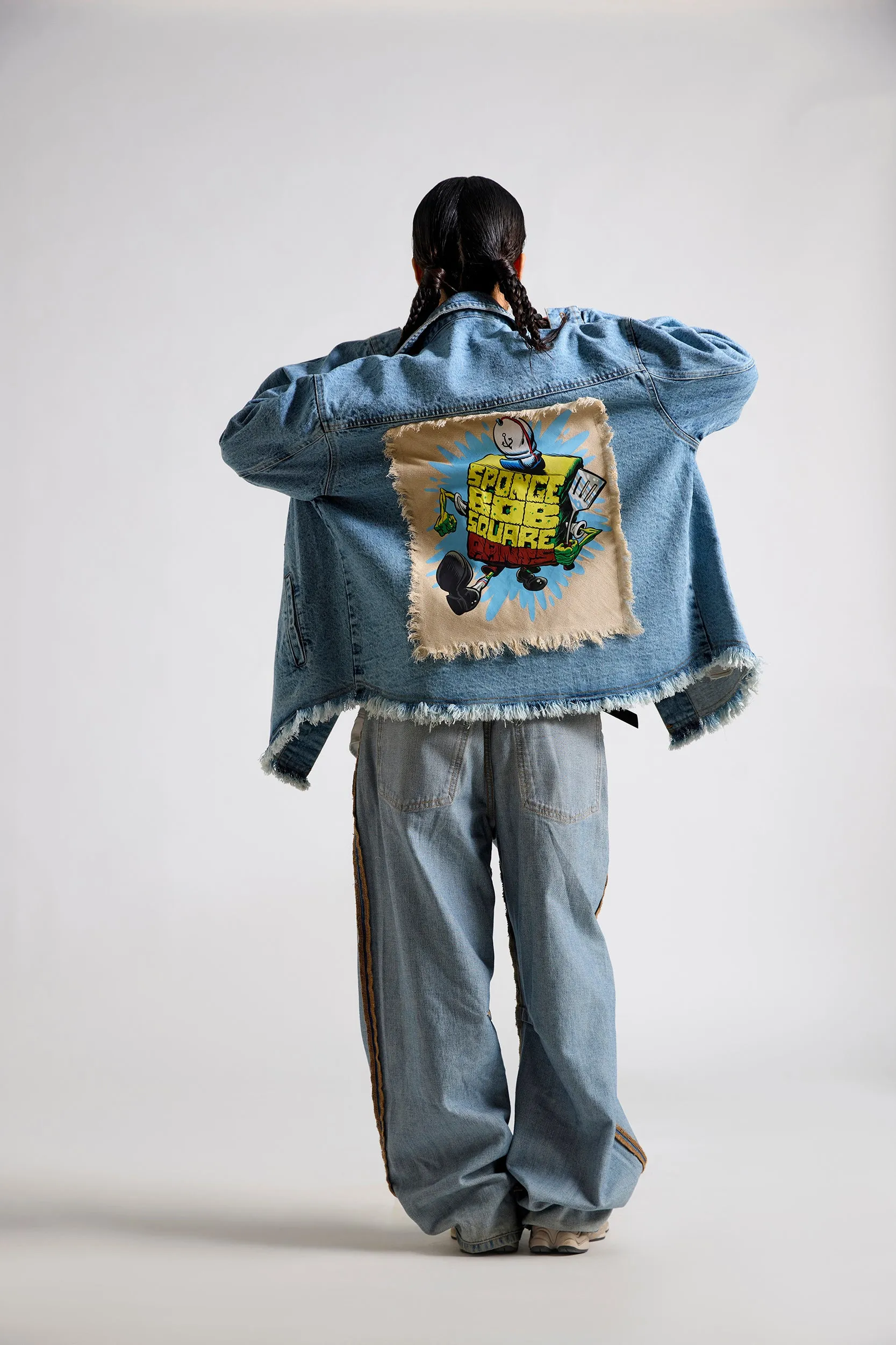 Spongebob: Sponge Script Frycook Printed Canvas Oversized Denim Jacket