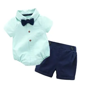 Summer Baby Boy Rompers Set Short Sleeve Striped Jumpsuits Shorts Gentleman Bow Tie