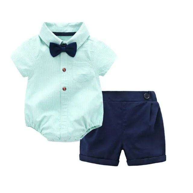 Summer Baby Boy Rompers Set Short Sleeve Striped Jumpsuits Shorts Gentleman Bow Tie
