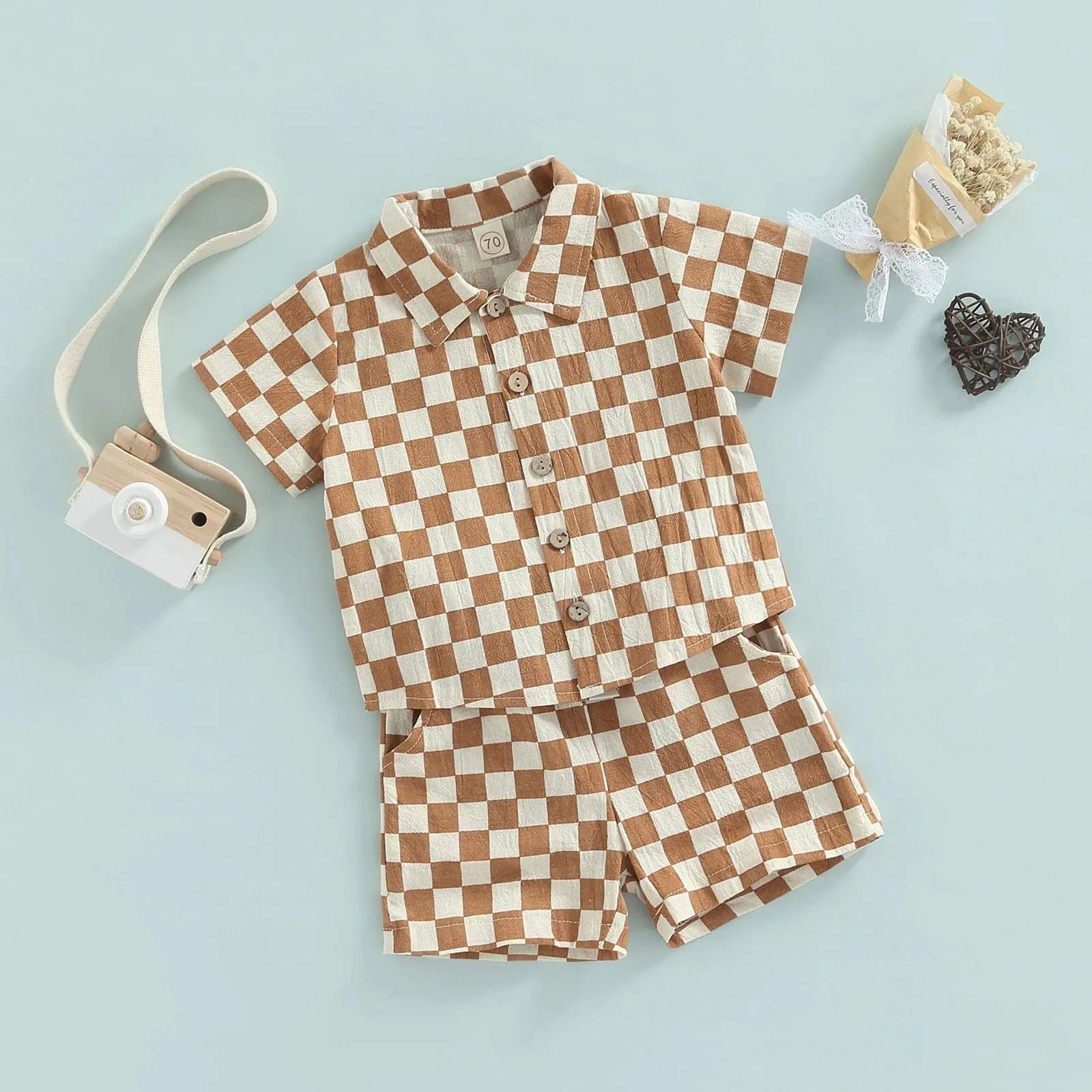 Toddler Baby Boy Clothes Cotton Linen Checkerboard Short Sleeve Button Down T-Shirt Shorts Summer Outfit 2PCS Set