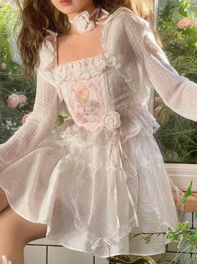 Tutu Lace Fairy Princess Jacket Short Camisole Tale Floral Skirt