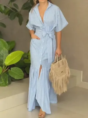 UAKISS  -  2024 Lace-Up Fashion Half Sleeve Cardigan Dress, Women Summer Turn-Down Collar Patchwork Maxi Dress, Striped Print Ladies Dress
