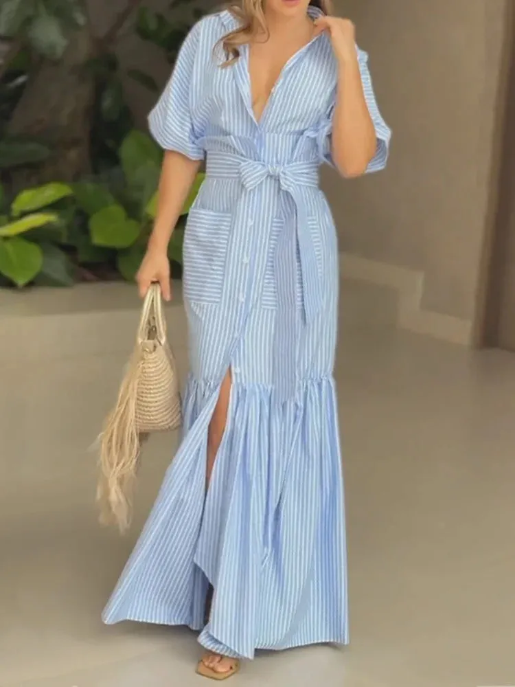 UAKISS  -  2024 Lace-Up Fashion Half Sleeve Cardigan Dress, Women Summer Turn-Down Collar Patchwork Maxi Dress, Striped Print Ladies Dress