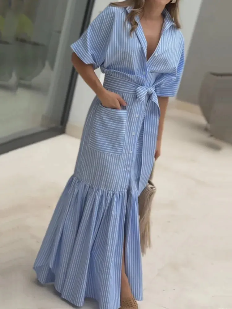 UAKISS  -  2024 Lace-Up Fashion Half Sleeve Cardigan Dress, Women Summer Turn-Down Collar Patchwork Maxi Dress, Striped Print Ladies Dress