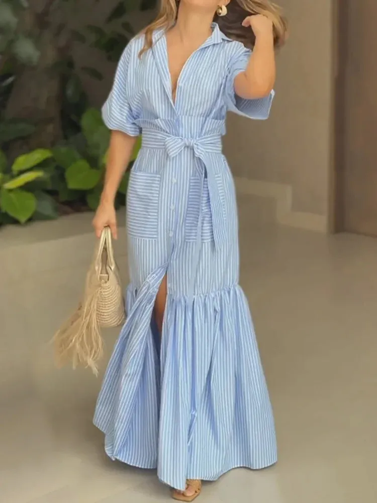 UAKISS  -  2024 Lace-Up Fashion Half Sleeve Cardigan Dress, Women Summer Turn-Down Collar Patchwork Maxi Dress, Striped Print Ladies Dress