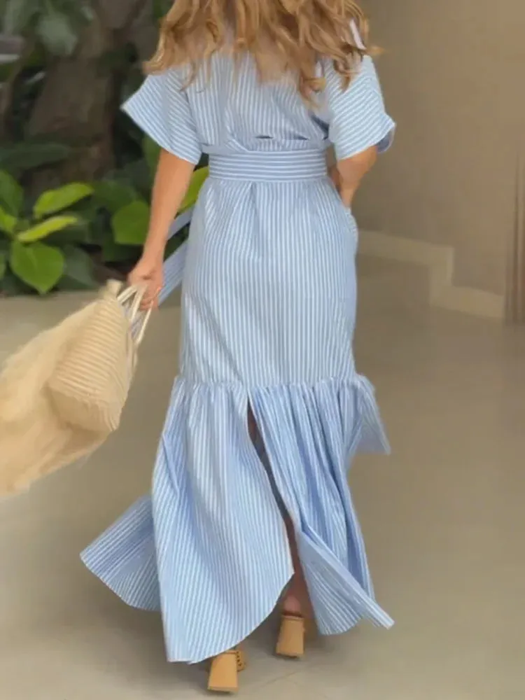 UAKISS  -  2024 Lace-Up Fashion Half Sleeve Cardigan Dress, Women Summer Turn-Down Collar Patchwork Maxi Dress, Striped Print Ladies Dress