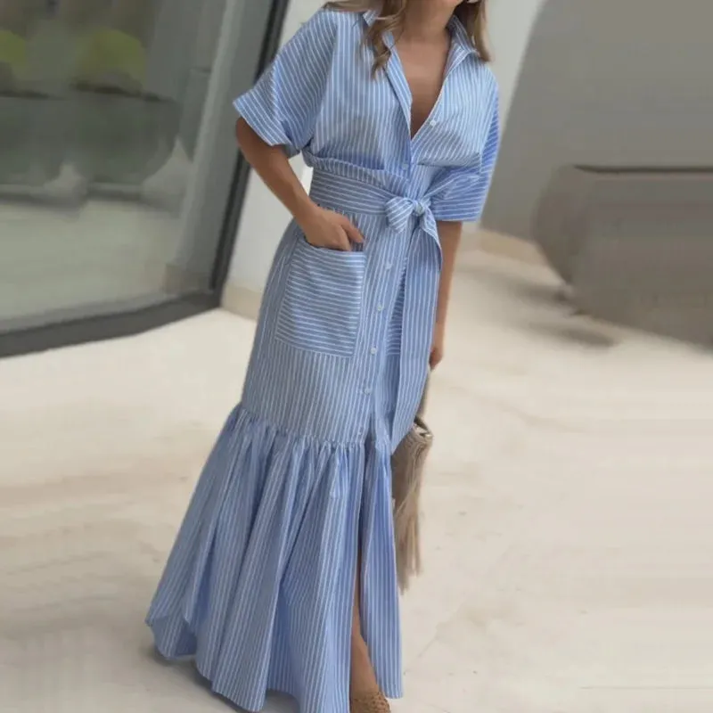 UAKISS  -  2024 Lace-Up Fashion Half Sleeve Cardigan Dress, Women Summer Turn-Down Collar Patchwork Maxi Dress, Striped Print Ladies Dress