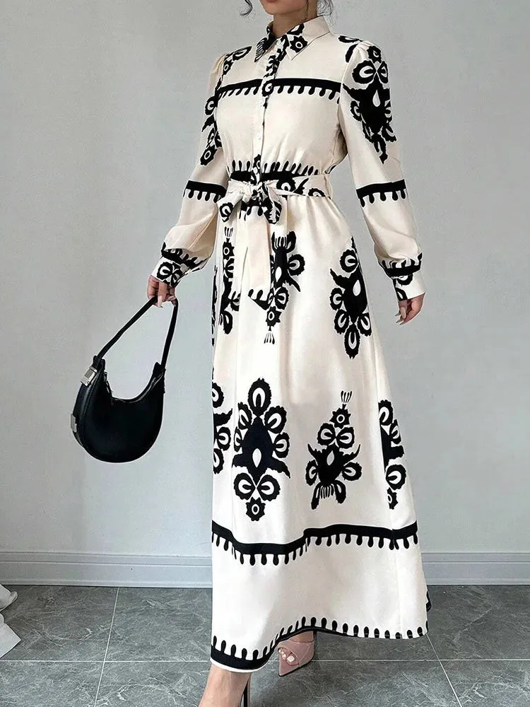 UAKISS  -  Spring Autumn Turn-Down Collar Simple Party Dress, Women Lace-Up Printing Patchwork Maxi Dress, Long Sleeve Fashion Ladies Dress