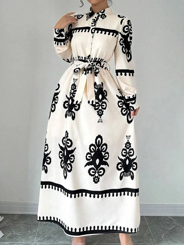 UAKISS  -  Spring Autumn Turn-Down Collar Simple Party Dress, Women Lace-Up Printing Patchwork Maxi Dress, Long Sleeve Fashion Ladies Dress