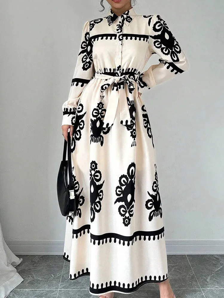 UAKISS  -  Spring Autumn Turn-Down Collar Simple Party Dress, Women Lace-Up Printing Patchwork Maxi Dress, Long Sleeve Fashion Ladies Dress