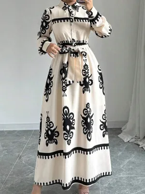UAKISS  -  Spring Autumn Turn-Down Collar Simple Party Dress, Women Lace-Up Printing Patchwork Maxi Dress, Long Sleeve Fashion Ladies Dress