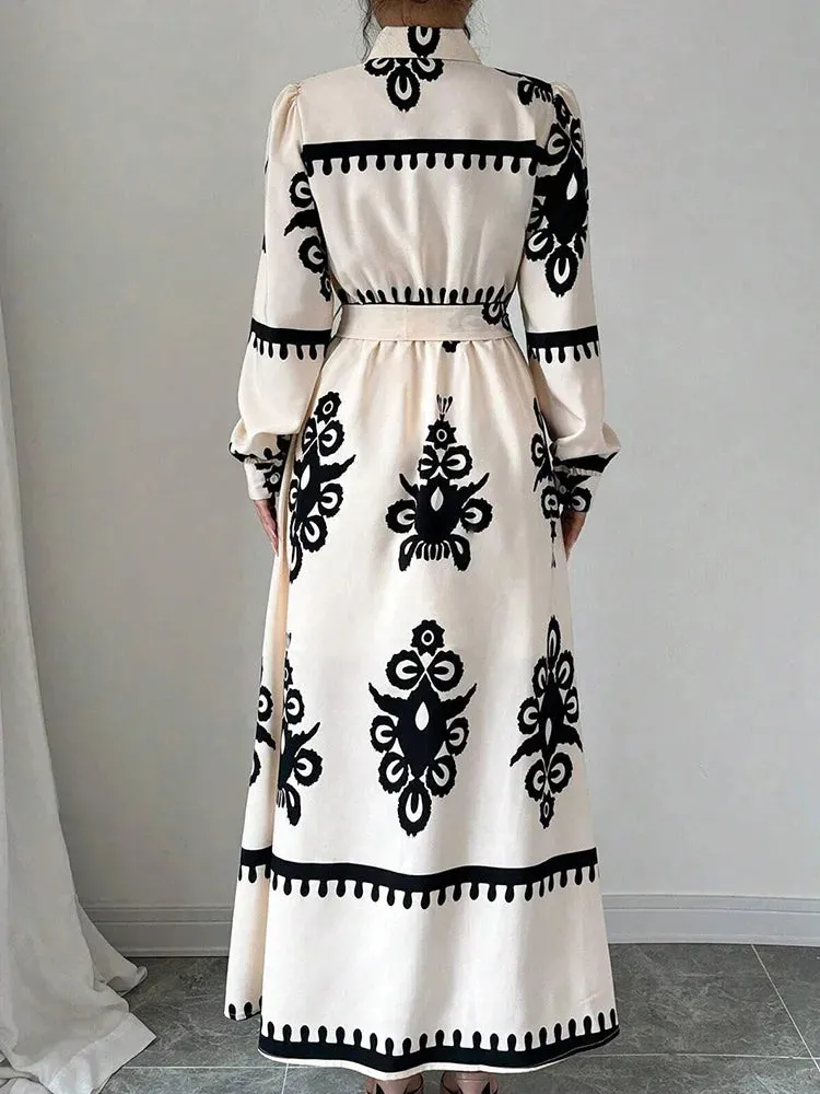 UAKISS  -  Spring Autumn Turn-Down Collar Simple Party Dress, Women Lace-Up Printing Patchwork Maxi Dress, Long Sleeve Fashion Ladies Dress