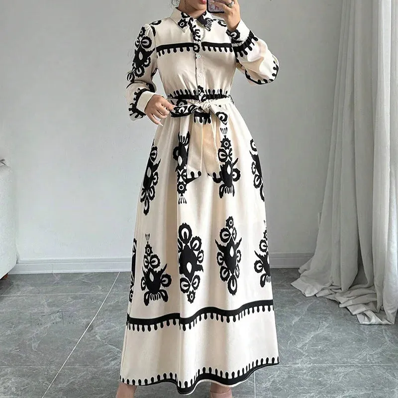 UAKISS  -  Spring Autumn Turn-Down Collar Simple Party Dress, Women Lace-Up Printing Patchwork Maxi Dress, Long Sleeve Fashion Ladies Dress
