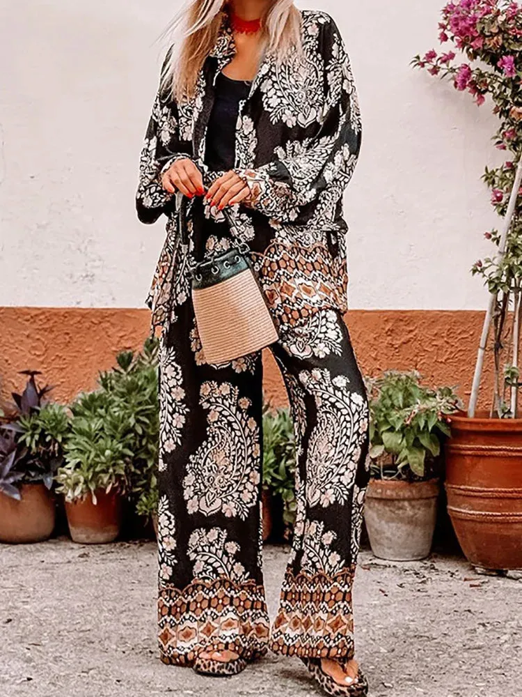 UAKISS  -  Women Print Patchwork Loose Outfit, Spring Summer Turn-Down Collar Two Pieces Sets, 2025 Long Sleeve Straight Pants Ladies Suits