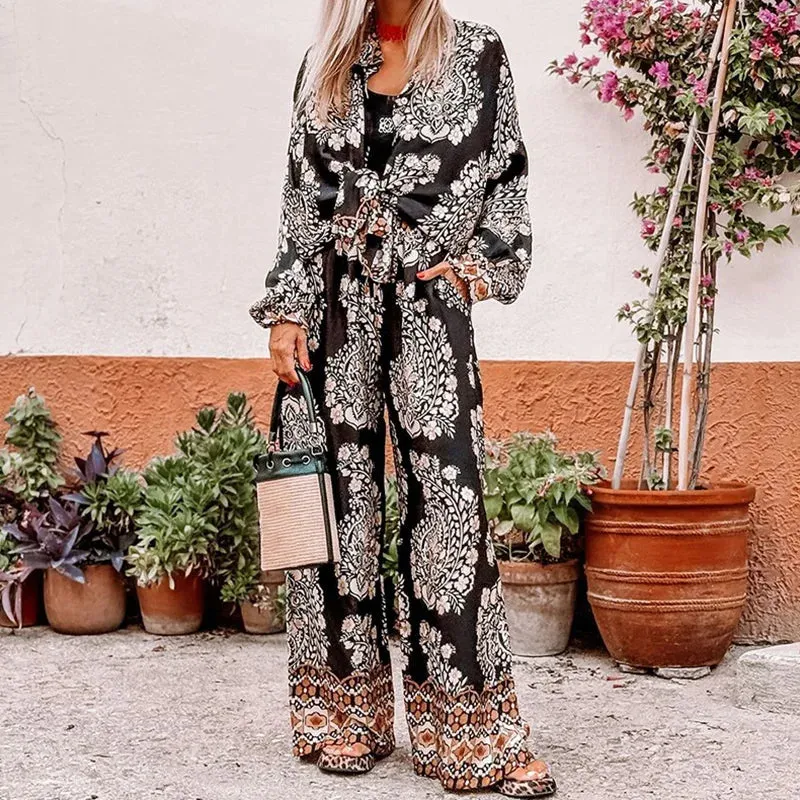 UAKISS  -  Women Print Patchwork Loose Outfit, Spring Summer Turn-Down Collar Two Pieces Sets, 2025 Long Sleeve Straight Pants Ladies Suits