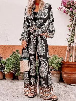 UAKISS  -  Women Print Patchwork Loose Outfit, Spring Summer Turn-Down Collar Two Pieces Sets, 2025 Long Sleeve Straight Pants Ladies Suits