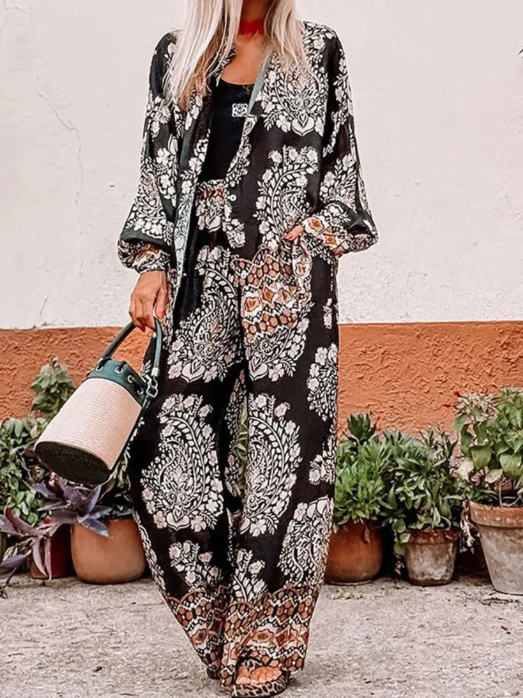UAKISS  -  Women Print Patchwork Loose Outfit, Spring Summer Turn-Down Collar Two Pieces Sets, 2025 Long Sleeve Straight Pants Ladies Suits