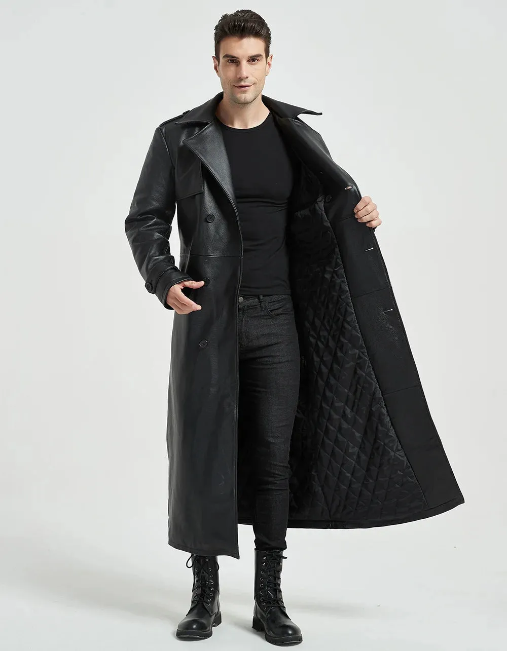 Ultra Long Men Leather Coat Quilted 100% Natural Cowhide Male Leather Trench Winter Euro US Size Sleeve 66-69 Chest 106~130 M464