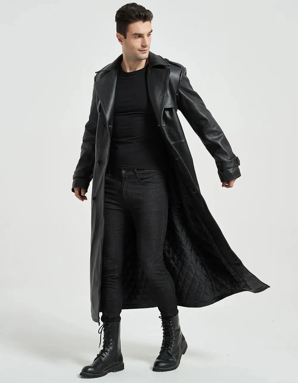 Ultra Long Men Leather Coat Quilted 100% Natural Cowhide Male Leather Trench Winter Euro US Size Sleeve 66-69 Chest 106~130 M464
