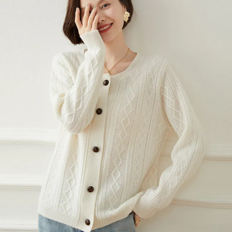 Women's Cardigan Round Neck Twist Wool Sweater Jacket Loose Thickened Sweater