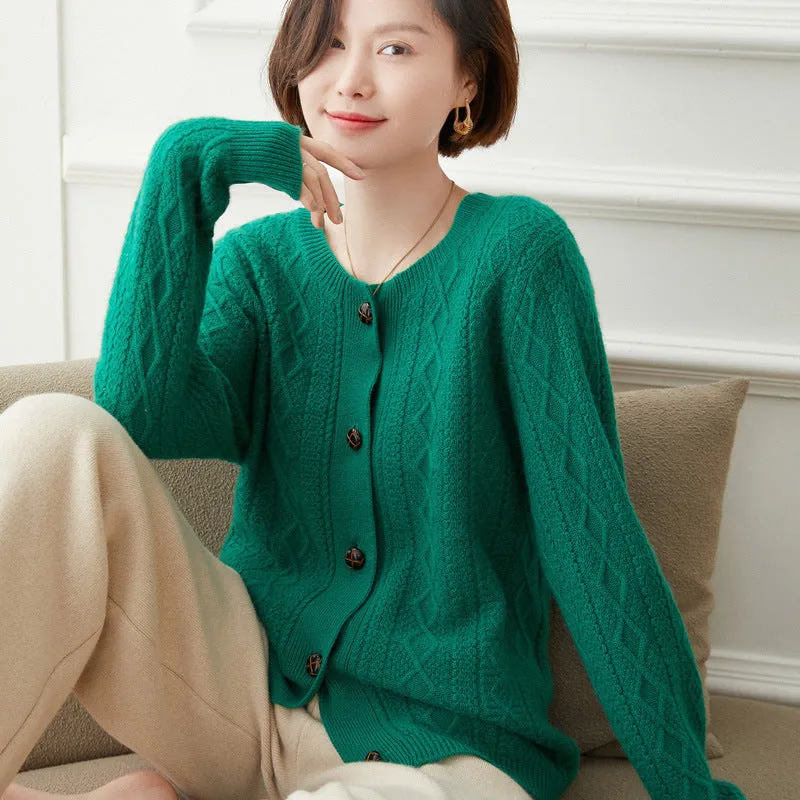 Women's Cardigan Round Neck Twist Wool Sweater Jacket Loose Thickened Sweater
