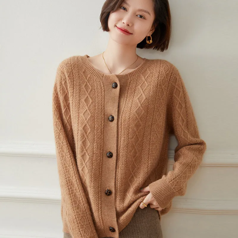 Women's Cardigan Round Neck Twist Wool Sweater Jacket Loose Thickened Sweater