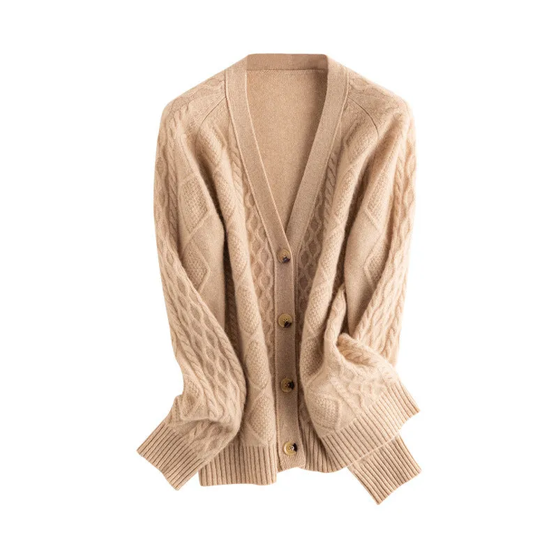 Women's Thickened Cardigan Cable Pure Cashmere Cardigan Twist Knitted Jacket Sweater