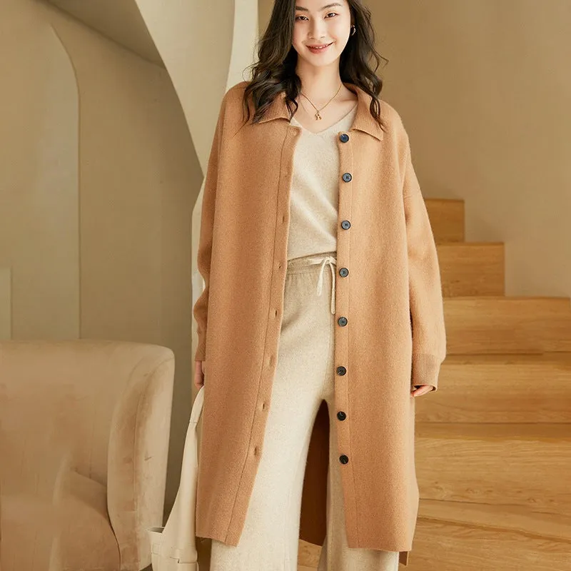 Women's Thickened Lapel Knitted Sweater Korean Style Loose Mid-Length Jacket