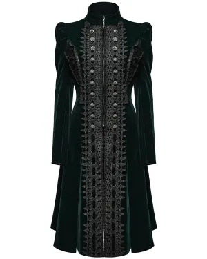 WY-1633XCF Womens Gothic Velvet Embellished Mid Length Military Coat - Bottle Green