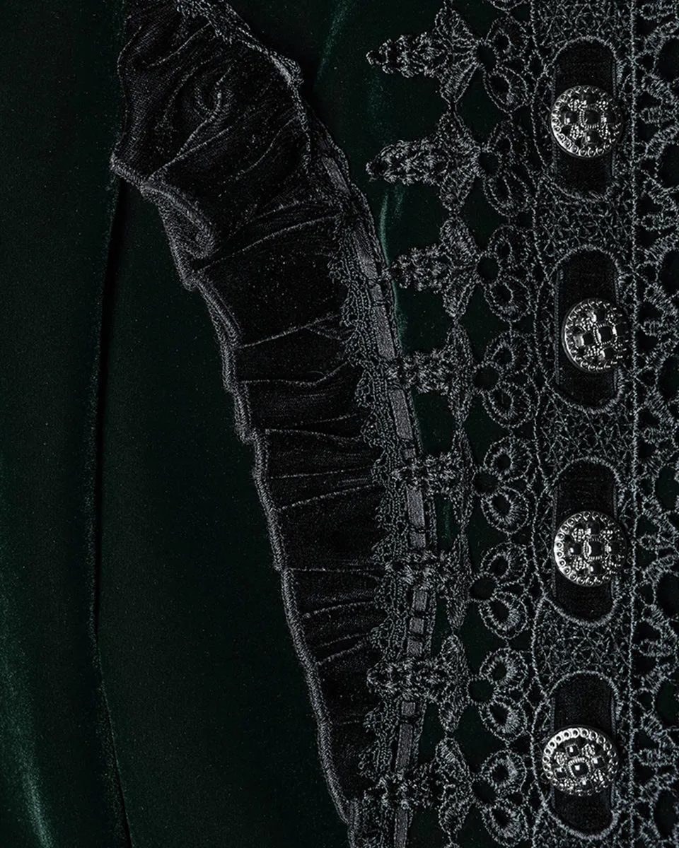 WY-1633XCF Womens Gothic Velvet Embellished Mid Length Military Coat - Bottle Green
